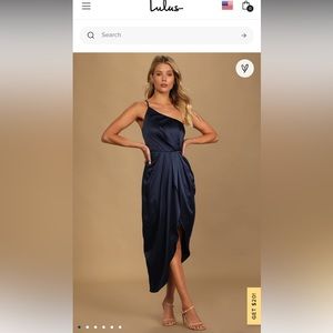 Lulu’s Law of Attraction Navy Blue One-Shoulder Asymmetrical Midi Dress